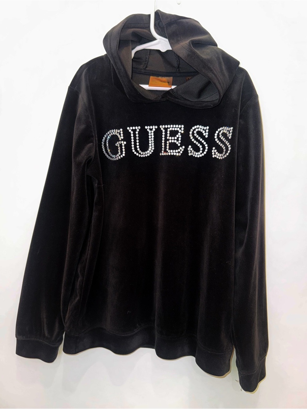 Guess Black Velour Hoodie with Crystal Logo